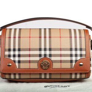 Authentic Burberry Coated Canvas Calfskin Check Note Top Handle Shoulder Bag